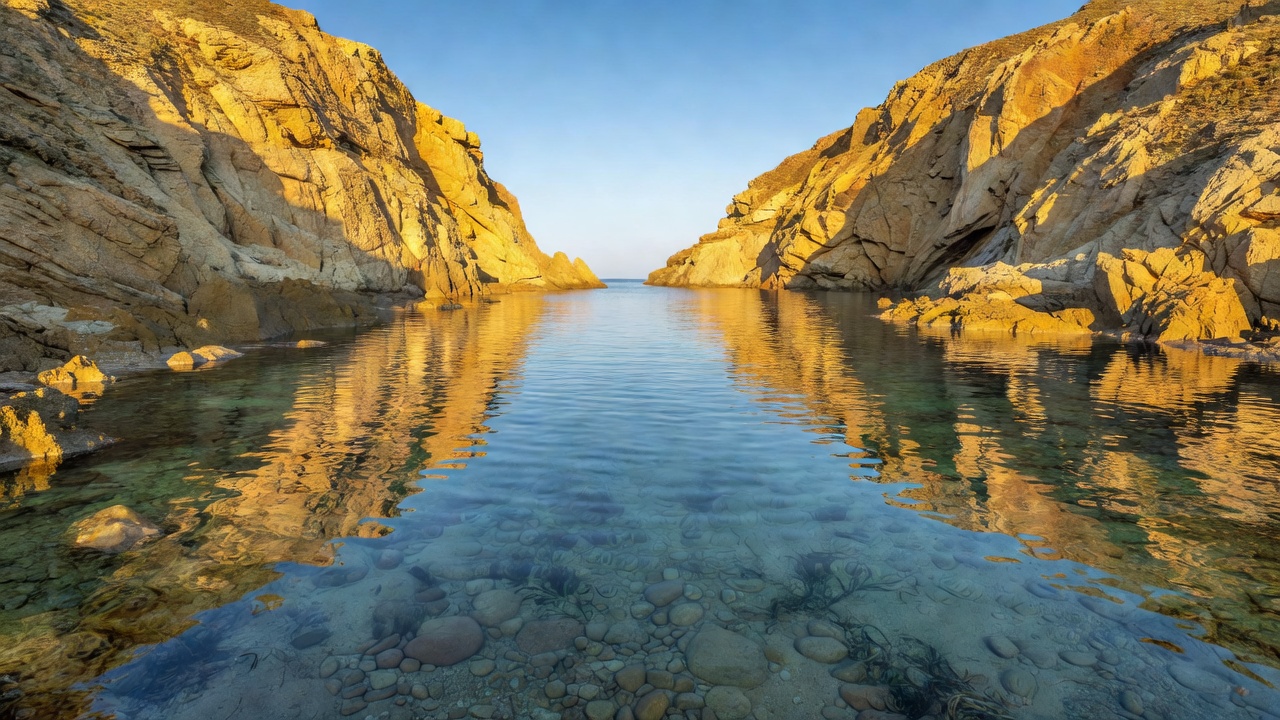 Clear crystal sea inlet tucked between dramatic golden cliffs