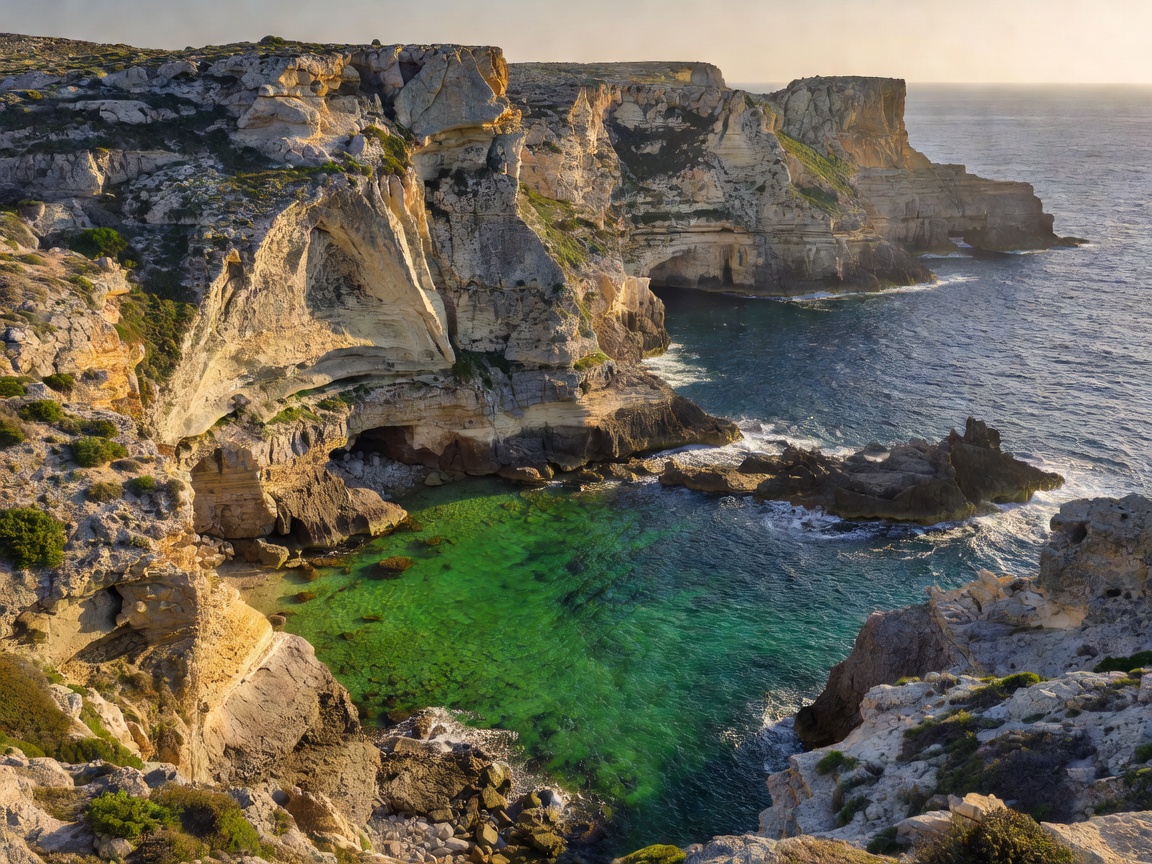 Dramatic ocean cliffs and emerald swimming cove in Gozo Malta