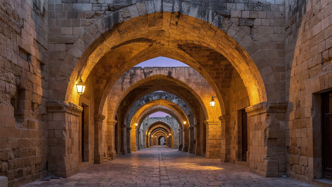 Historic Mdina street with limestone archways illuminated at twilight