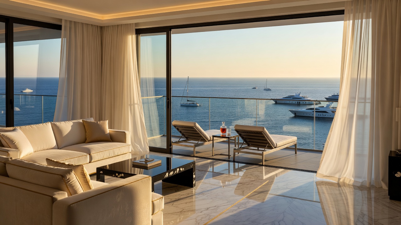 Luxurious suite interior with balcony looking over blue sea harbour