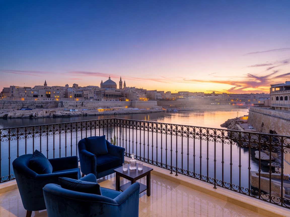Luxury hotel balcony looking out over Valletta harbor at dusk