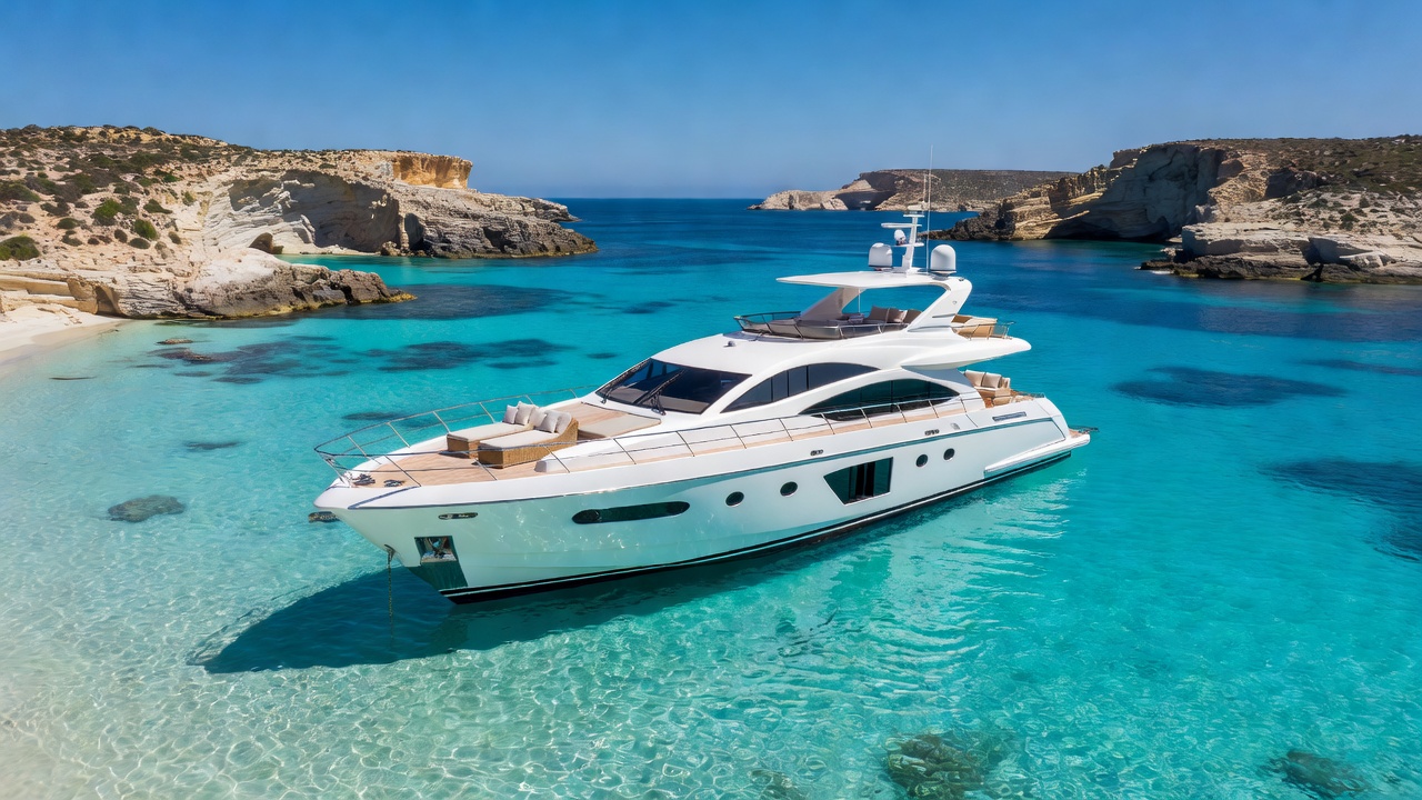 Luxury yacht anchored in clear turquoise water of the Maltese archipelago