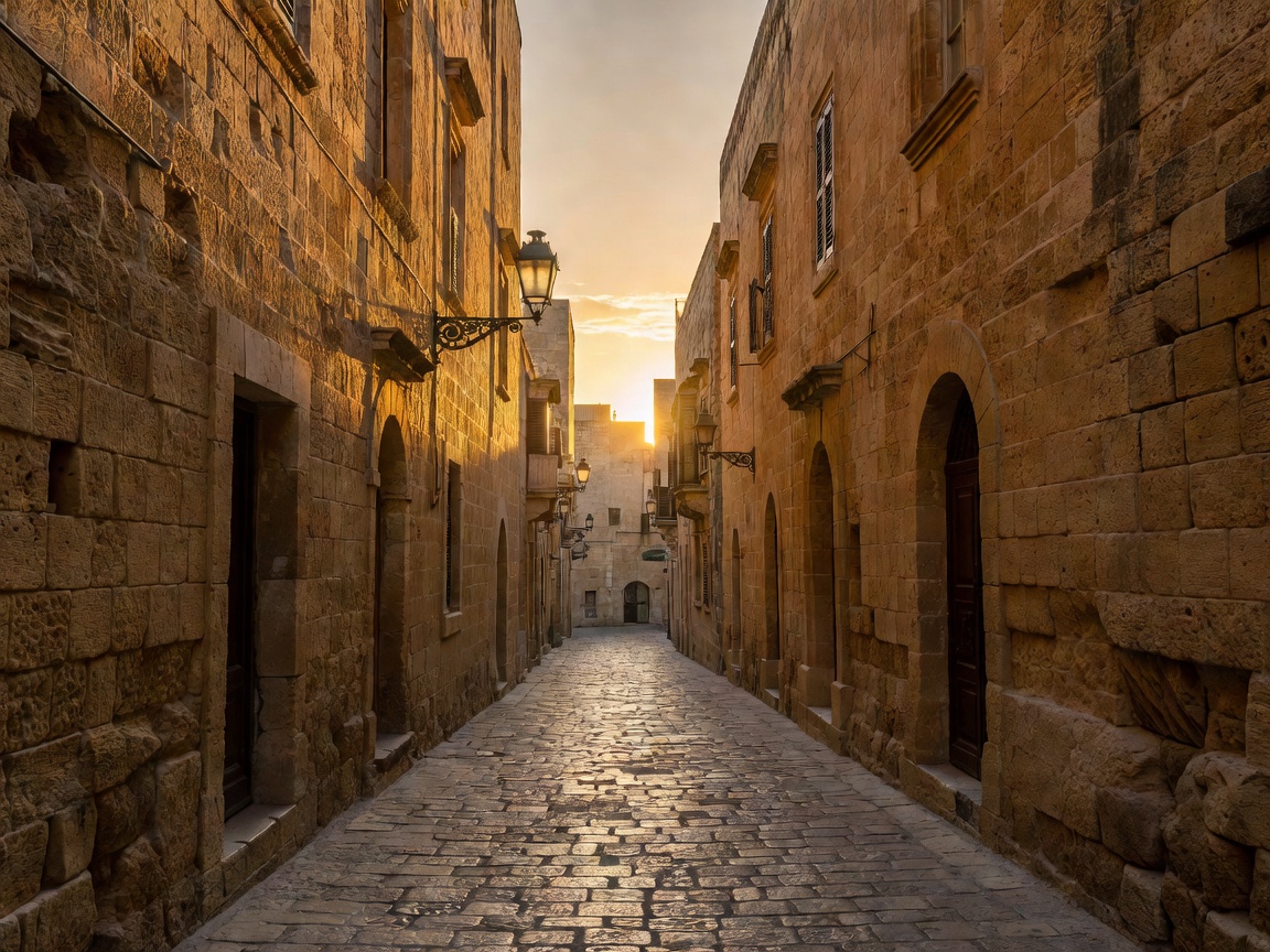 Noble Mdina stone alleyway bathed in warm evening sunset
