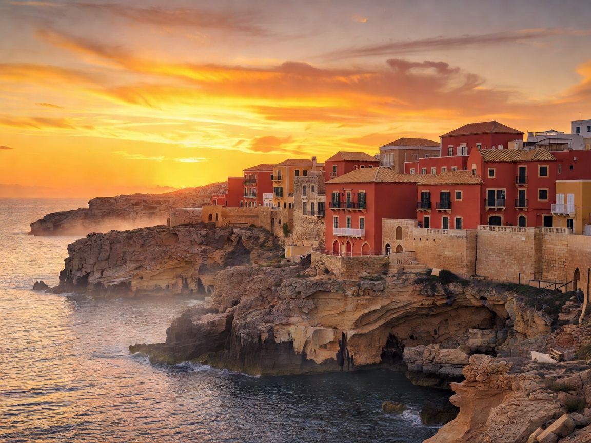 Panoramic view of Malta sunset over coastal cliffs and terracotta architecture