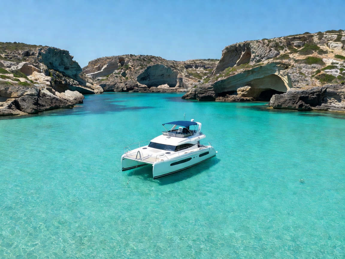 Private catamaran anchored at the Blue Lagoon in Comino Malta